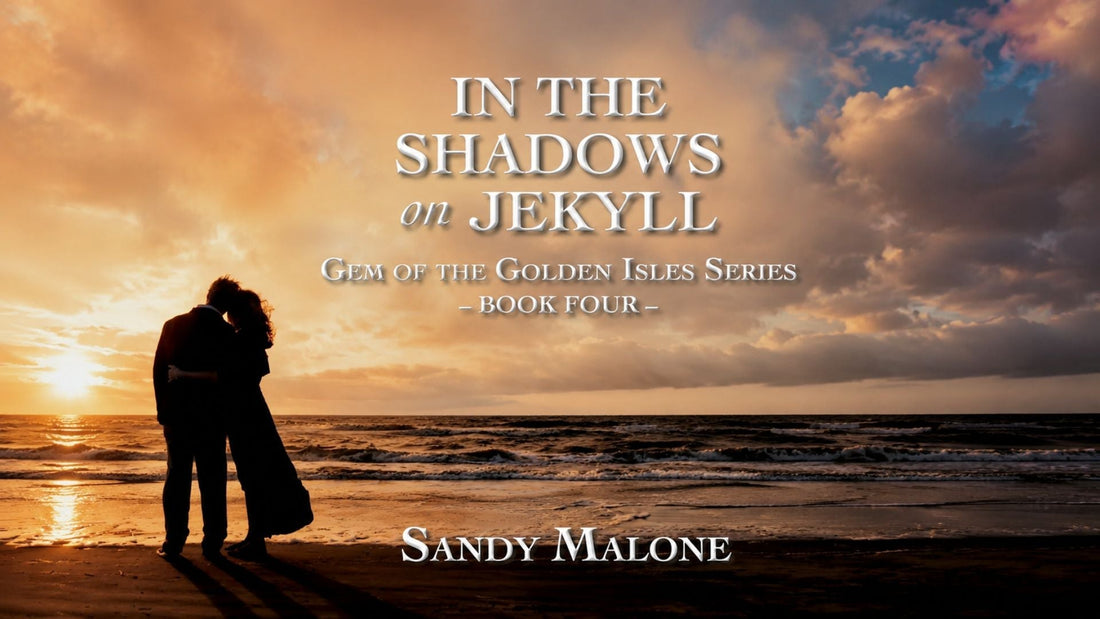Romantic beach sunset scene on Jekyll Island with a couple walking along the shore beside an open book, inspired by clean romance novels set on the Georgia coast.