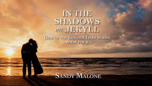 Romantic beach sunset scene on Jekyll Island with a couple walking along the shore beside an open book, inspired by clean romance novels set on the Georgia coast.